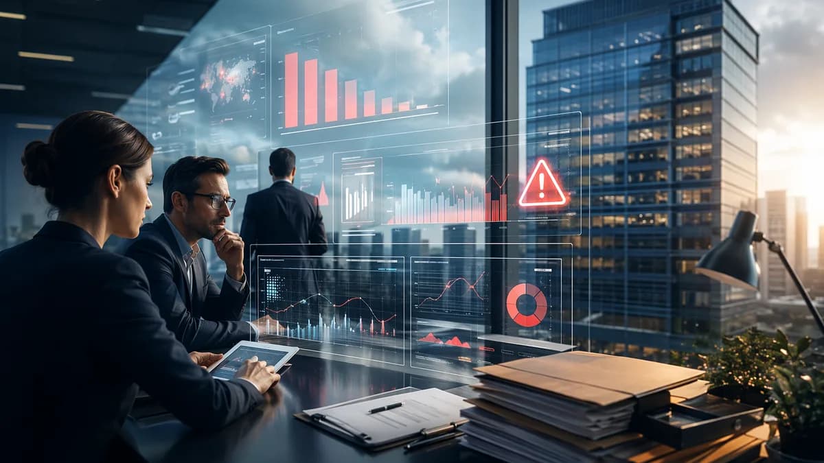 Bank analysts review digital credit risk dashboards as bankruptcy pressure rises before earnings.