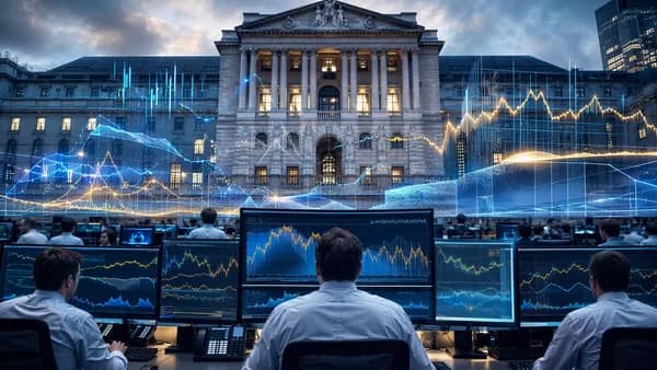 London trading desk with abstract market charts and central bank backdrop