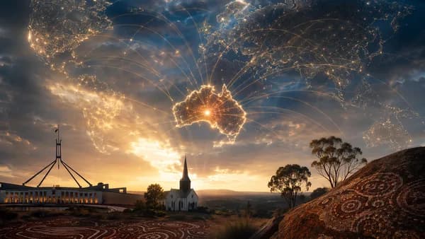 Australia map with parliament, church steeple, and First Nations motifs over global connection lines.