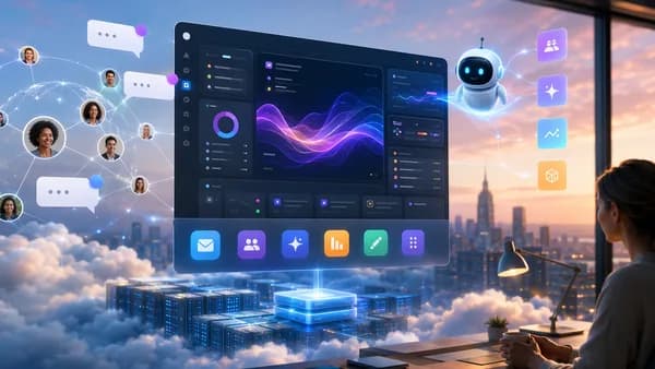 Modern SaaS dashboard with chat, AI assistant glow, audience profiles, analytics, and cloud infrastructure.
