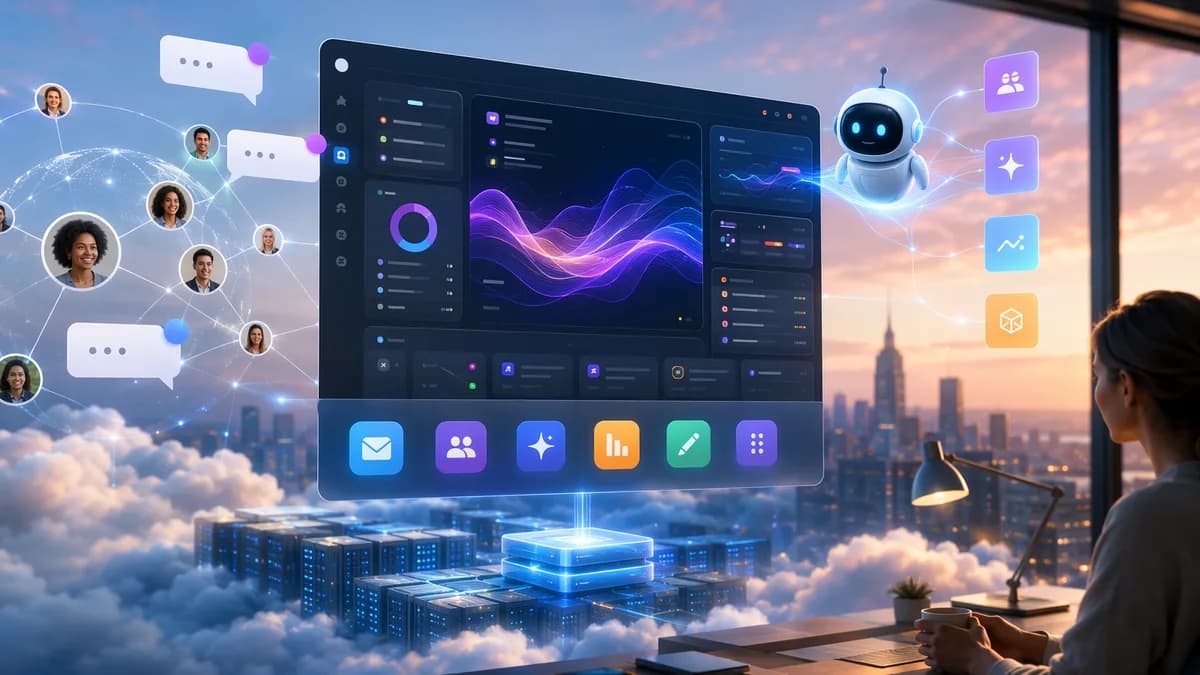 Modern SaaS dashboard with chat, AI assistant glow, audience profiles, analytics, and cloud infrastructure.