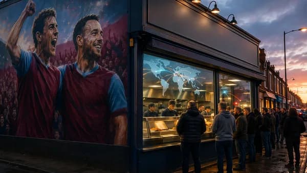 Crowds outside a chip shop with a football mural and subtle global map reflections at dusk.
