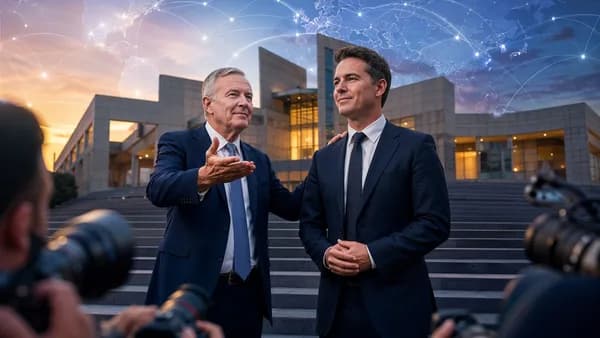 Australian political leadership handover scene with parliament, cameras, and subtle global map connections.