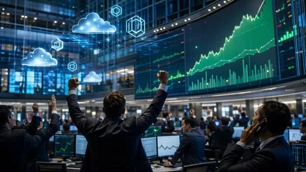 Trading floor with abstract upward market charts symbolizing a strong SaaS IPO debut