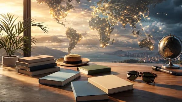 Blank summer books on a table before a glowing world map with global connection lines.