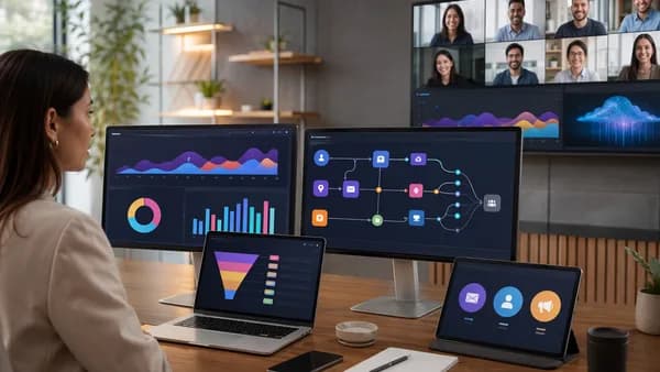 Modern webinar marketing dashboard with analytics, attendee tiles, automation flow, and cloud infrastructure.
