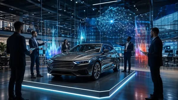 Futuristic used-car auction platform with dealers, holographic bids, AI screens, and a polished sedan.