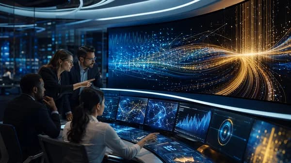 Fintech team rebuilding a crypto exchange with glowing market dashboards and liquidity streams.