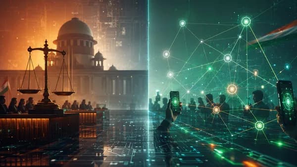 Legal-tech standoff over offline messaging in India, with phones, mesh signals, circuits, and judicial scales.