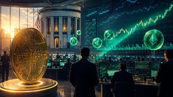 Crypto trading floor with green rising market visuals after bitcoin rally lifts major altcoins