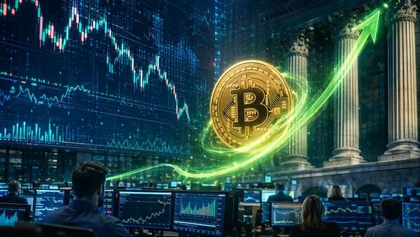 Bitcoin rally scene on a crypto trading floor as cooling inflation revives risk appetite.