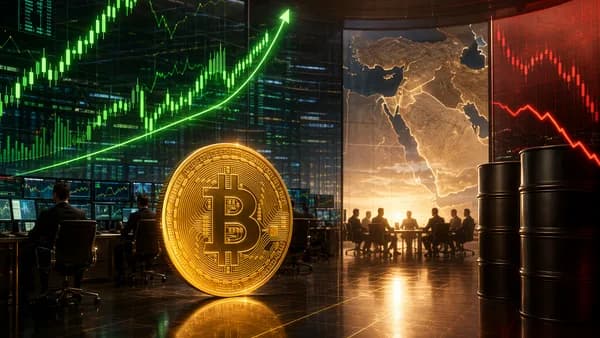 Bitcoin-led risk rally on a modern trading floor as oil prices fall amid easing geopolitical tension.