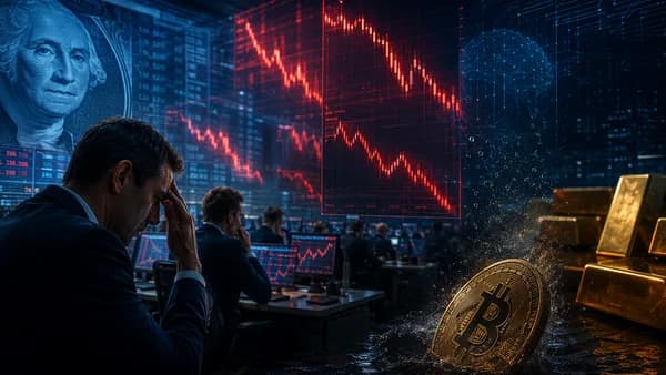 Bitcoin sinks amid red market charts as AI selloff pressure spreads from stocks to crypto.