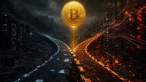 Bitcoin network splitting amid idle mining rigs, symbolizing zero support and fork risk.