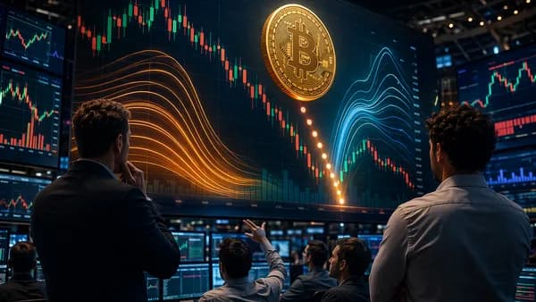 Bitcoin options trading floor with glowing charts showing a major call bet shifting lower.