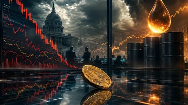 Generic crypto coin drops amid rising oil, yields, market charts, and Washington policy risk.