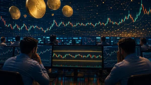 Crypto trading desk showing Bitcoin price consolidation with sideways charts and tense market atmosphere