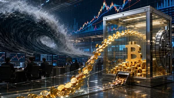 Bitcoin ETF trading scene with small inflows contrasted against a large receding outflow wave