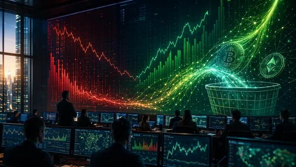 Trading floor visualization of Bitcoin and Ether ETF inflows with abstract market charts