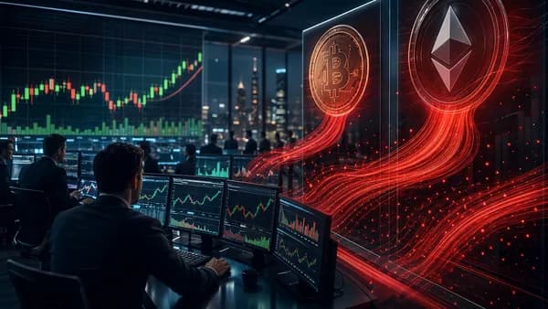 Trading desk with crypto ETF outflows shown as red market data streams and volatile charts.