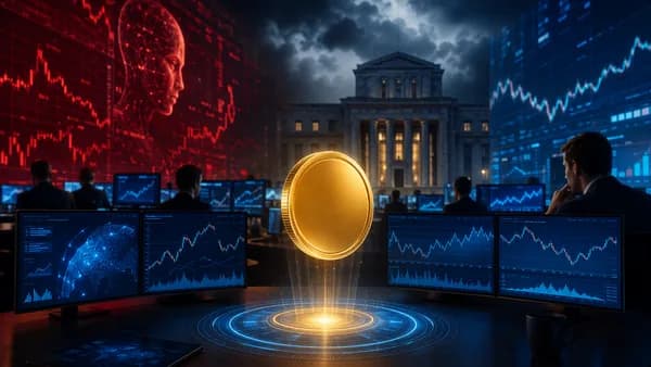 Digital coin steady amid red market screens and central bank backdrop on a modern trading floor