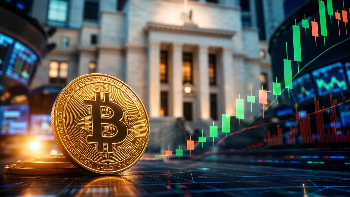 Bitcoin rises amid market charts and a blurred central bank backdrop, suggesting dovish Fed optimism.