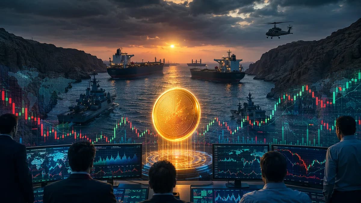 Bitcoin trading scene with oil market tension, charts, and traders watching volatile crypto data.