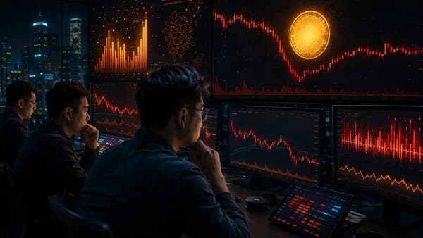 Crypto trading desk showing a Bitcoin leverage flush during Asian market hours