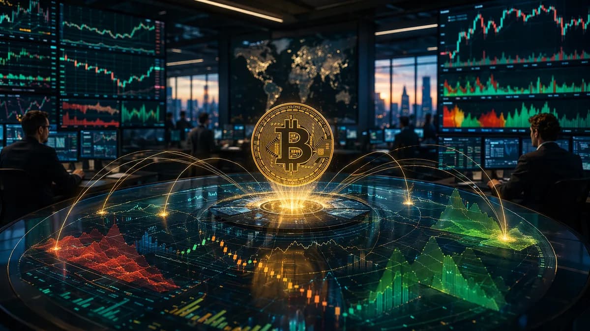 Bitcoin trading desk with market charts and liquidity visuals, signaling calmer institutional demand.