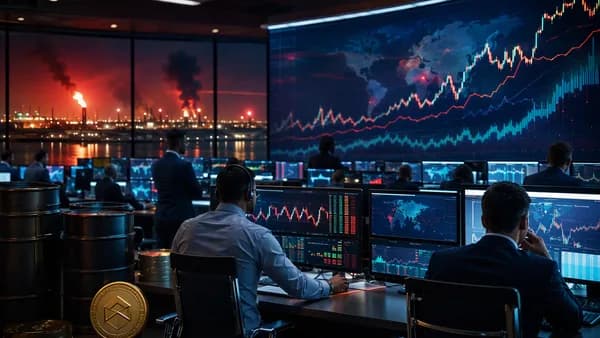 Trading desk with crypto charts and oil market visuals under tense geopolitical lighting