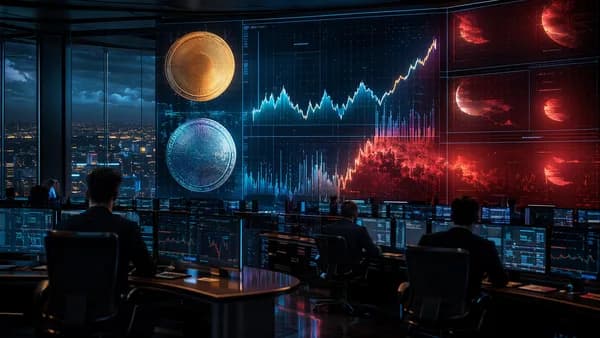Crypto trading desk with cautious market visuals after a Bitcoin and ether bounce