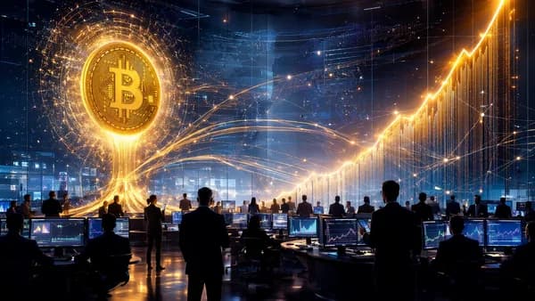 Bitcoin market surge visualized with trading floor, glowing charts, and capital flowing into crypto