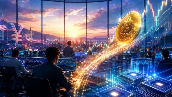 Bitcoin rises amid AI chip rally and yen strength on a modern trading floor.