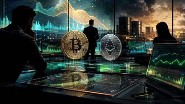 Crypto trading desk with Bitcoin, Ether, flattening charts, and oil-market uncertainty in cinematic lighting
