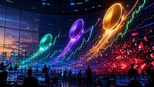 Crypto trading floor showing bitcoin, ether, and solana rallying amid abstract market charts