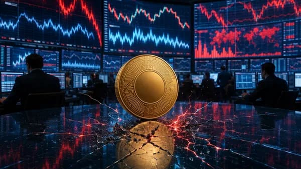 Generic crypto coin before volatile market screens, suggesting a looming Bitcoin volatility shock.