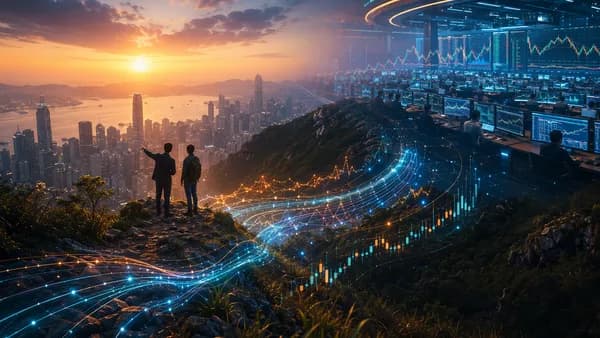 Hong Kong hiking trail overlooking skyline with abstract crypto trading charts and market data visuals