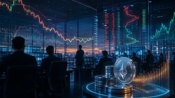 Crypto trading floor with market charts and glowing digital coins suggesting ETH buying amid weakness
