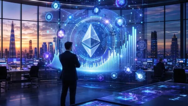 Executive silhouette views glowing crypto treasury dashboard in a modern fintech trading room.