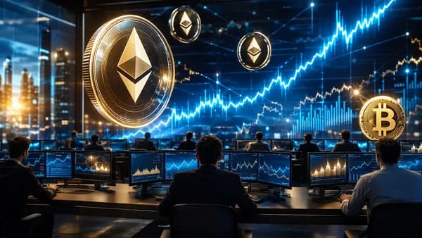 Crypto trading floor with rising ether versus bitcoin market visualization
