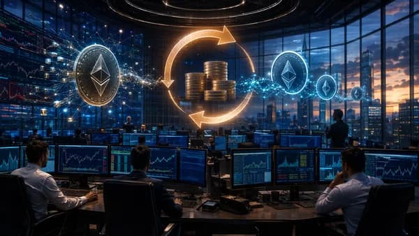 Crypto trading floor showing ETH assets, buyback symbolism, and market data screens