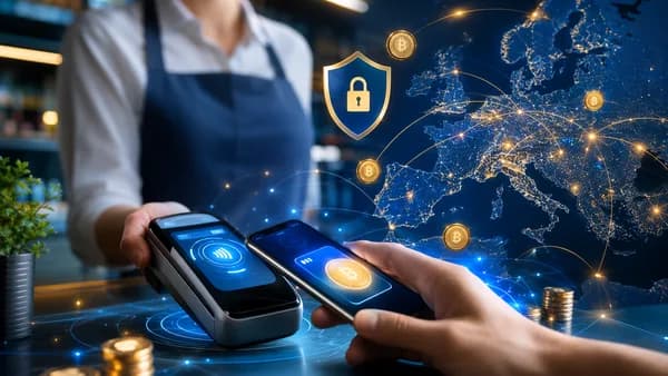 Crypto payment compliance scene with EU-inspired colors, merchant terminal, wallet, and digital finance network.
