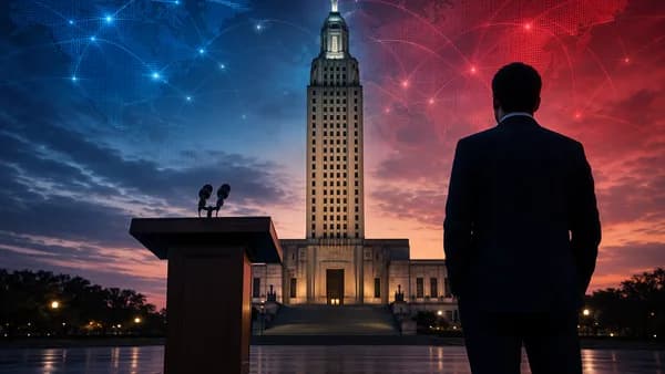 Louisiana political campaign scene with capitol, podium, shadows, and global map overlay.