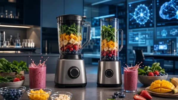 Two unbranded blenders compare identical smoothies in a futuristic kitchen tech lab.