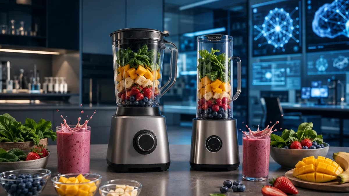 Two unbranded blenders compare identical smoothies in a futuristic kitchen tech lab.
