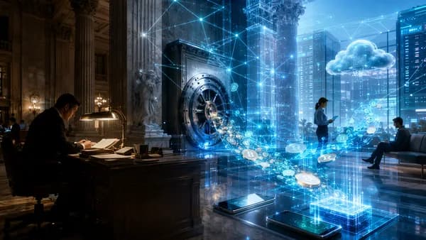 Futuristic bank merging with blockchain payment rails and digital finance infrastructure.