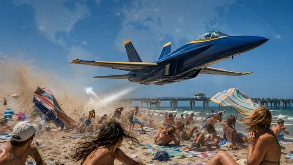 Low-flying military jet over a crowded beach as umbrellas fly in the wind.