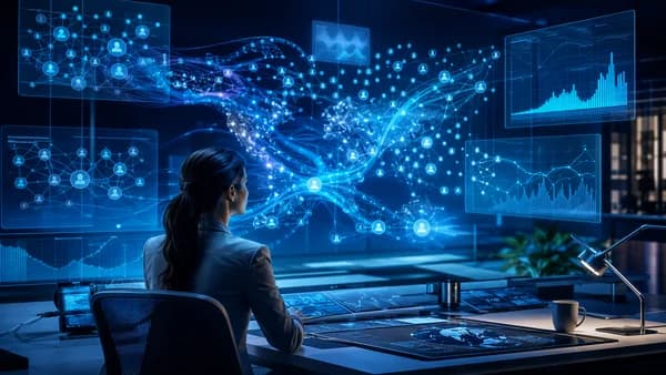 AI social research hub with blue data networks, search panels, and decentralized conversation streams.