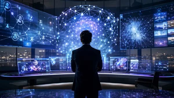 Tech executive silhouette in a futuristic social network control room with glowing network screens.