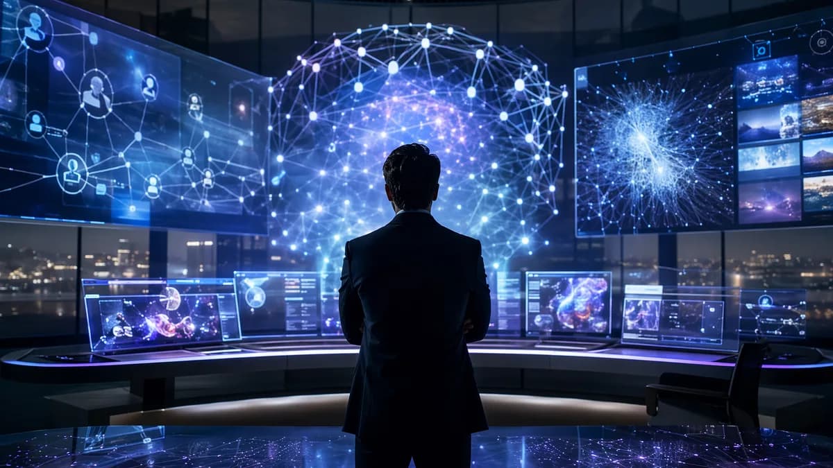 Tech executive silhouette in a futuristic social network control room with glowing network screens.